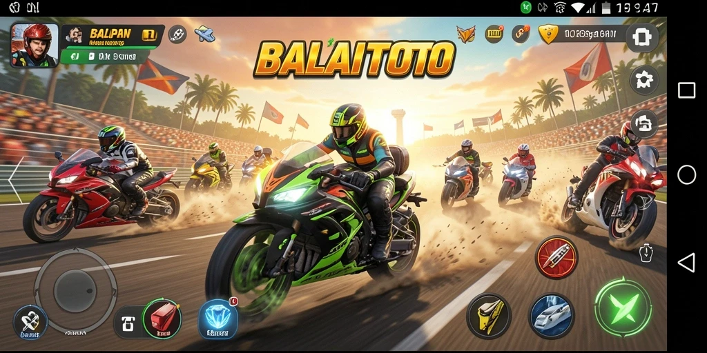 Gameplay BALAITOTO menampilkan aksi balapan seru dengan grafis memukau.