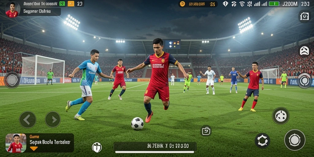 Screenshot J200M menampilkan aksi intens di lapangan sepak bola.