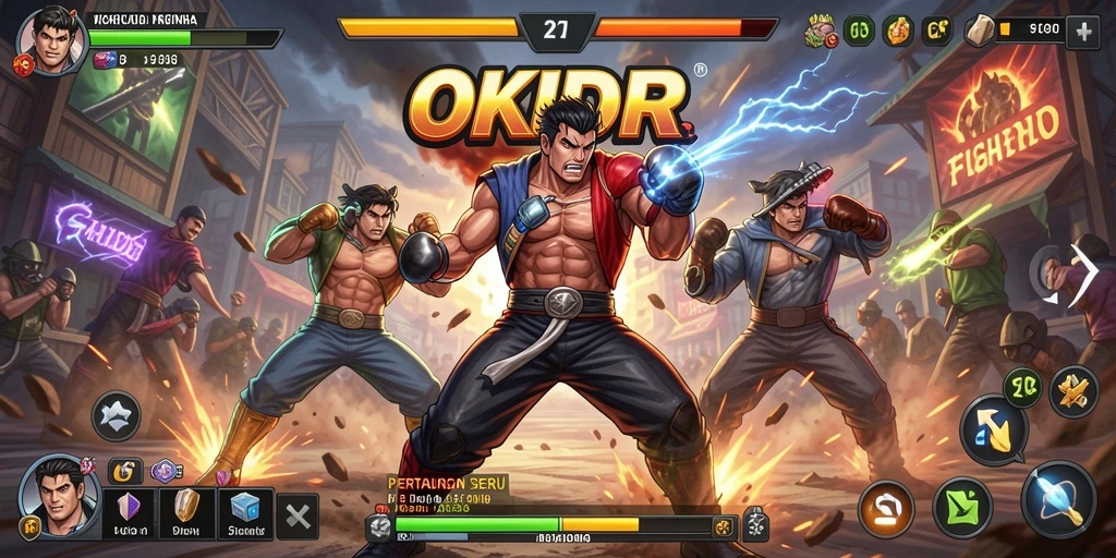 Screenshot utama gameplay Fighting OKIDR menampilkan aksi pertarungan yang mendebarkan.