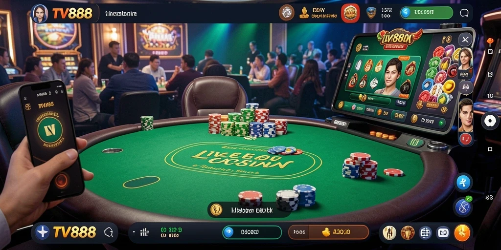 Screenshot TV888 menampilkan dealer live yang berinteraksi dengan pemain.